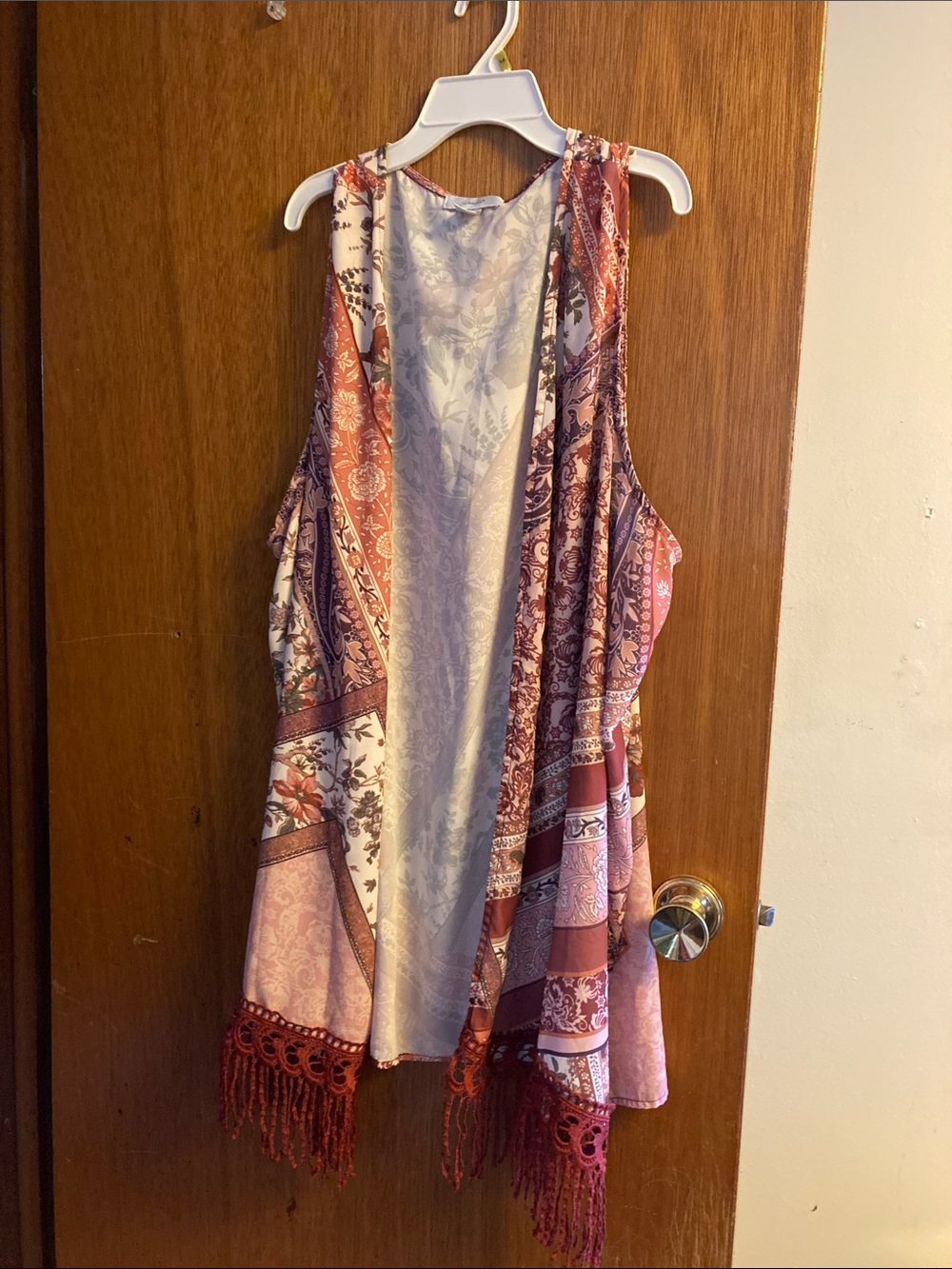 CJ Banks Pink and Rust Patchwork Fringe Duster Cardigan